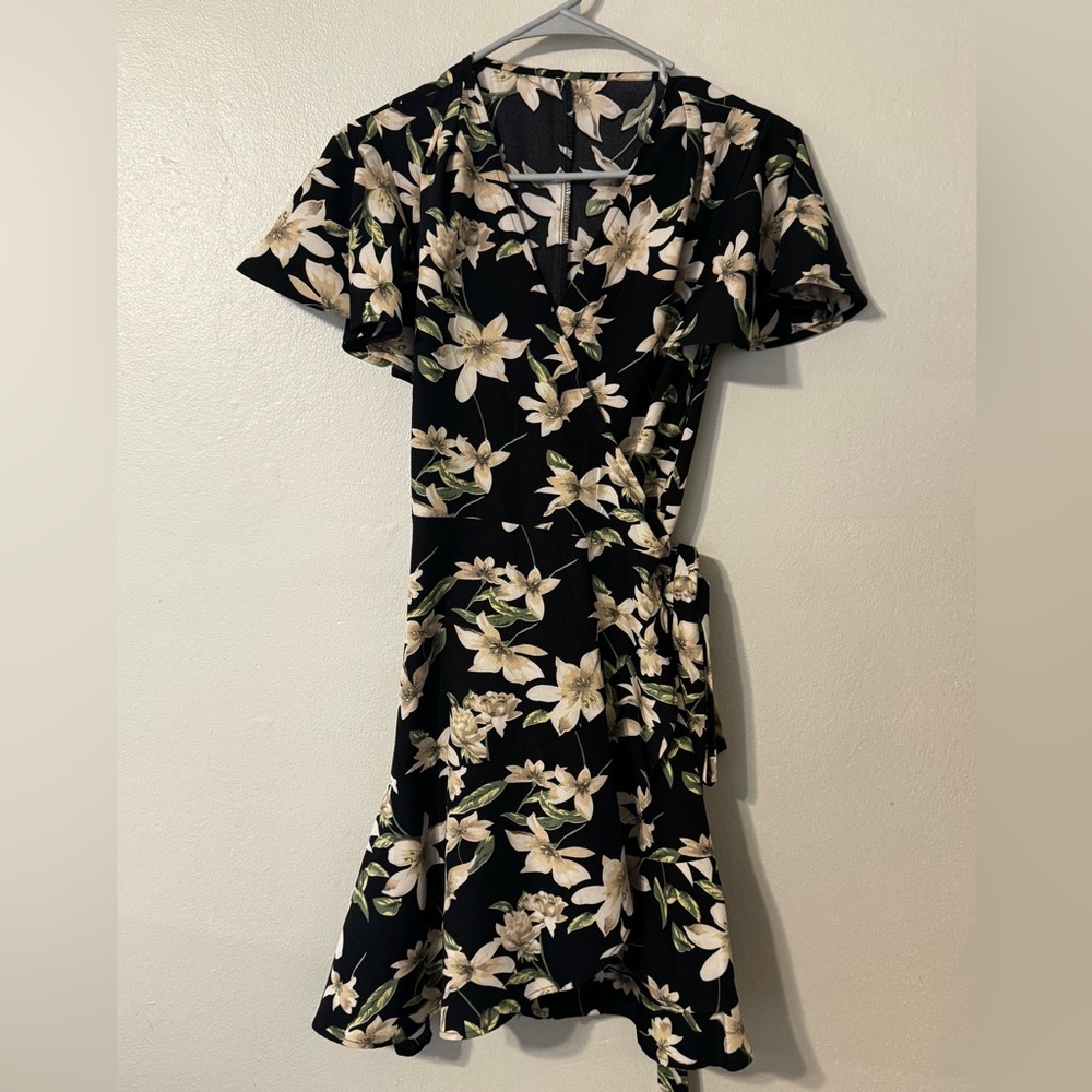 Black Floral Wrap Dress with Cream Lily Print